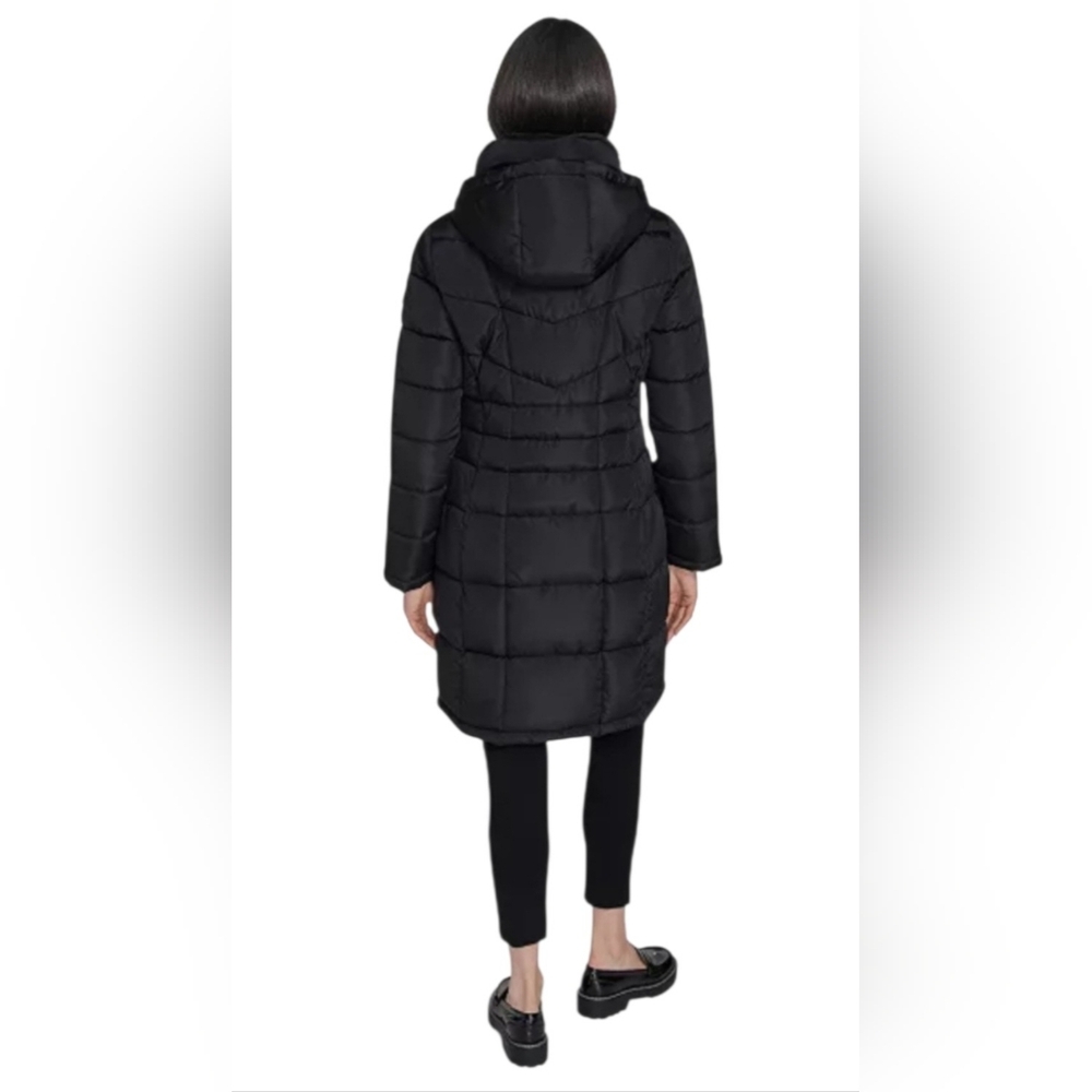 Women Calvin Klein Hooded Stand Collar Long Puffer Coat Black Medium MSRP $285 - Picture 2 of 16